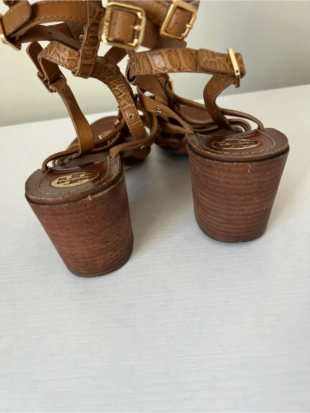 Tory Burch Reggie Leather Brown Tan block heel gladiator sandals size 8.5